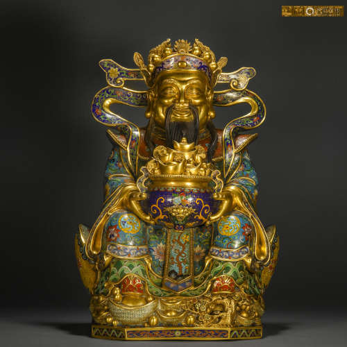 A cloisonné enamel seated statue of the God of Wealth, Qing ...