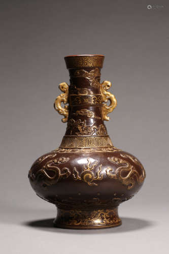 Bronze-Imitation Porcelain Dragon Double-Eared Vase