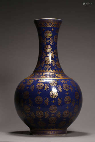 Gilt-Inlaid Sacrificial Blue Glaze Fortune&Longevity Bottle ...