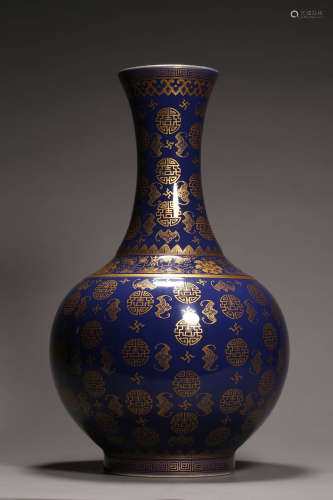 Gilt-Inlaid Sacrificial Blue Glaze Fortune&Longevity Bottle ...