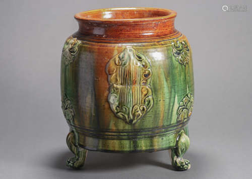 Sancai-Glazed Applique-Decorated Tripod Censer