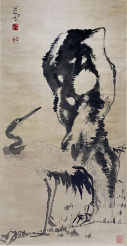 Chinese Crane Painting Paper Scroll, Zhu Da Mark