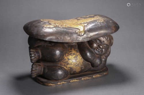 Gold and Silver Inlaid Bronze Beast-Face Porcelain Pillow