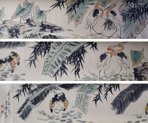 Chinese Flower and Bird Painting Hand Scroll, Li Kuchan Mark