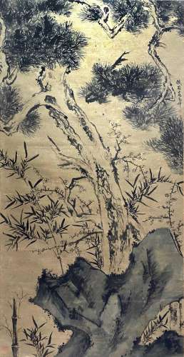 Chinese Pine and Bamboo Painting Paper Scroll, Gap Qipei Mar...