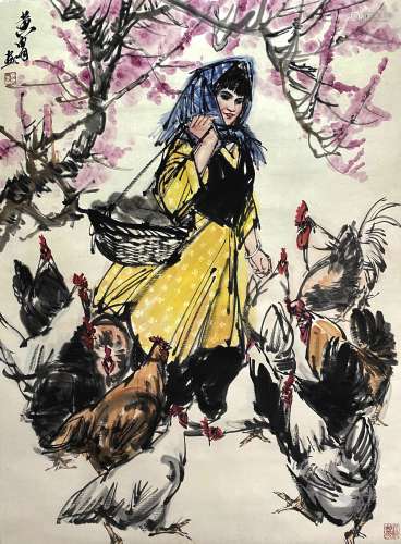 Chinese Figure and Rooster Painting Paper Scroll, Huang Zhou...