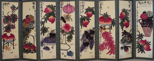 Set of Chinese Peaches Painting Screens, Qi Baishi Mark