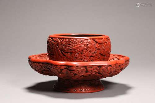 Carved Cinnabar Lacquer Phoenix Cup and Cup Stand