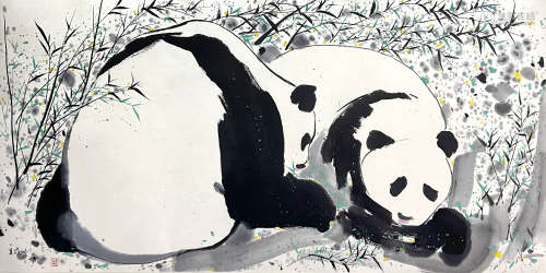 Chinese Panda Painting Paper Scroll, Wu Guanzhong Mark