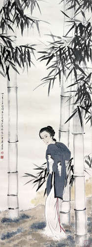 Chinese Figure Painting Paper Scroll, Xu Beihong Mark