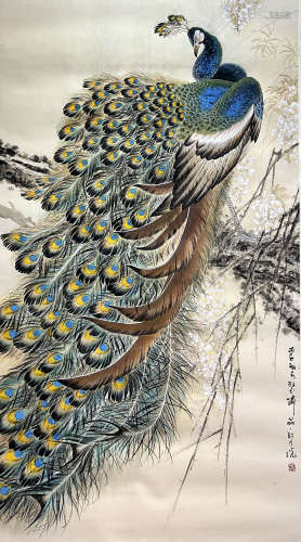 Chinese Peacock Painting Paper Scroll, Zheng Naiguang Mark