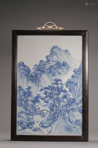 Blue and White Landscape Figure Porcelain Hanging Plaque