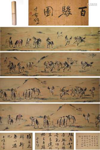 Chinese Horse Group Painting Hand Scroll, Xu Beihong Mark