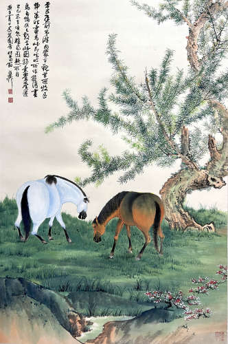 Chinese Horse Painting Paper Scroll, Xie Zhiliu Mark