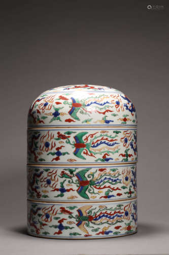 Wucai and Underglaze Blue Dragon and Phoenix Four-Stacked Bo...