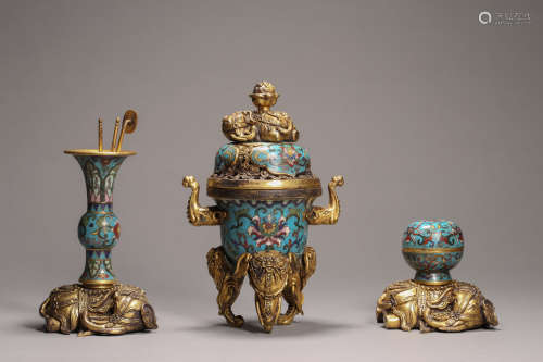 Set of Cloisonne Enamel Censer, Vase and Box with Cover
