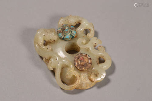 Glass Inlaid White Jade Dragon Pendant