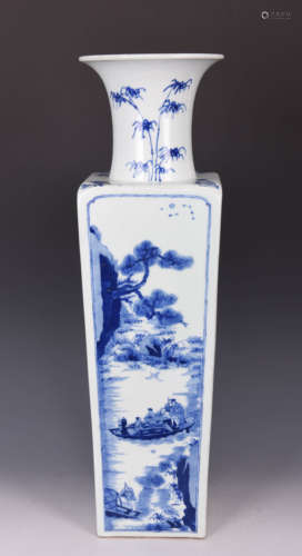 Inscribed Blue and White Landscape Figure Square Vase