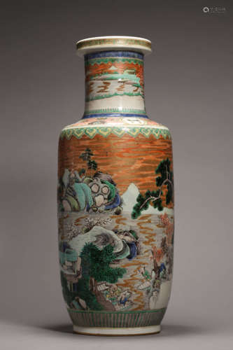 Gilt-Inlaid Wucai Glaze Landscape&Figure Rouleau Vase