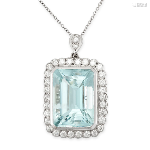 AN AQUAMARINE AND DIAMOND PENDANT NECKLACE set with an emera...