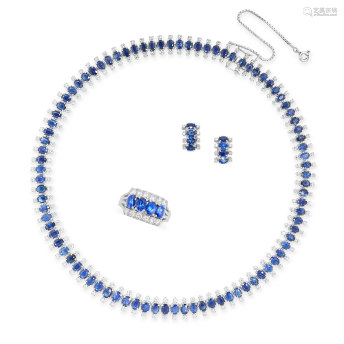A SAPPHIRE AND DIAMOND SUITE comprising a necklace, a pair o...