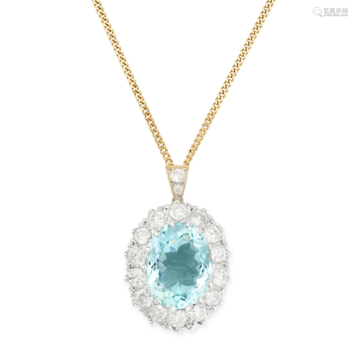 AN AQUAMARINE AND DIAMOND PENDANT NECKLACE set with an oval ...