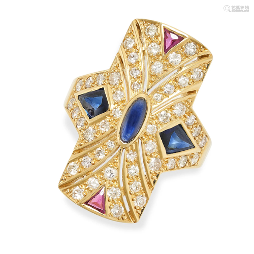 A SAPPHIRE, RUBY AND DIAMOND DRESS RING in 18ct gold, the re...