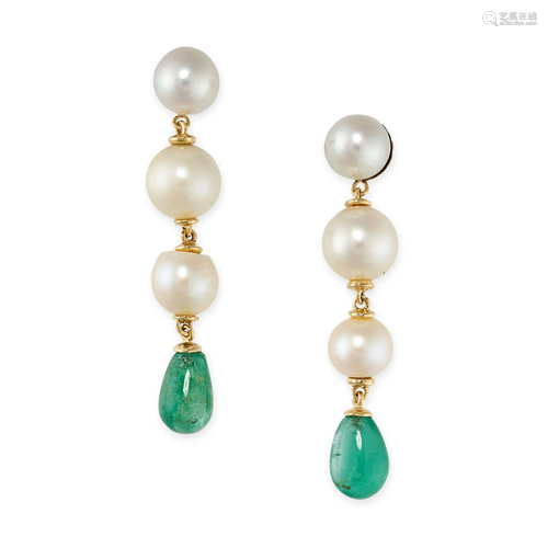 A PAIR OF PEARL AND EMERALD EARRINGS each set with three pea...