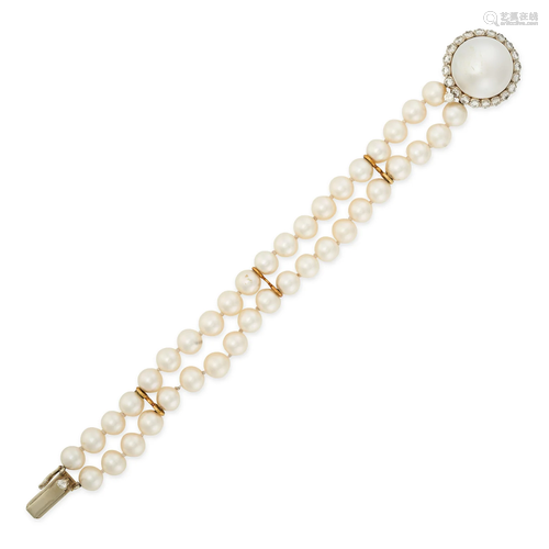 A PEARL AND DIAMOND BRACELET comprising two rows of pearls, ...