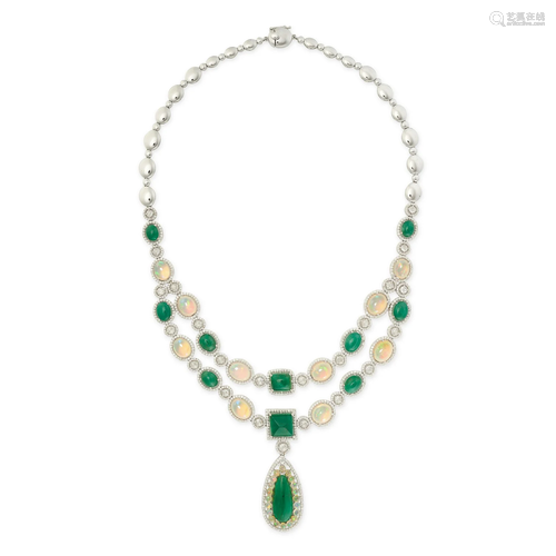 AN EMERALD, OPAL AND DIAMOND NECKLACE AND EARRINGS SUITE the...