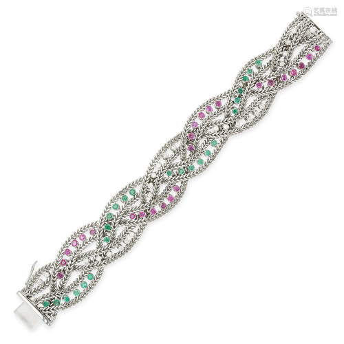 AN EMERALD, RUBY AND DIAMOND BRACELET comprising three braid...