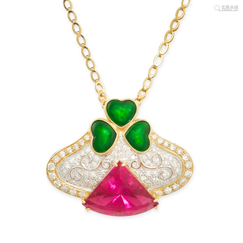 A RUBELLITE, DIAMOND AND ENAMEL PENDANT NECKLACE set with a ...