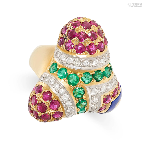 A RUBY, EMERALD, DIAMOND AND LAPIS LAZULI COCKTAIL RING in 1...