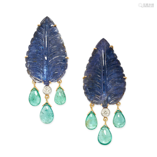 A PAIR OF TANZANITE, DIAMOND AND EMERALD EARRINGS in 18ct ye...