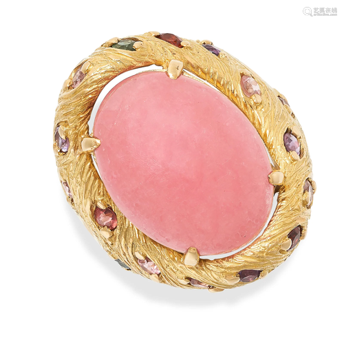 A RHODOCHROSITE AND SAPPHIRE RING set with a polished oval p...