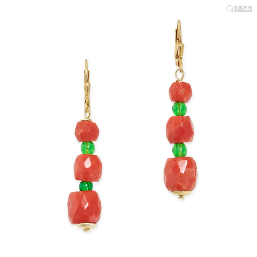 A PAIR OF CORAL DROP EARRINGS each set with three graduated ...