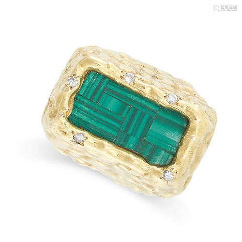 A VINTAGE MALACHITE AND DIAMOND RING, 1970S in 18ct yellow g...