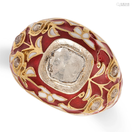 A DIAMOND AND RED ENAMEL RING set with a flat cut diamond in...