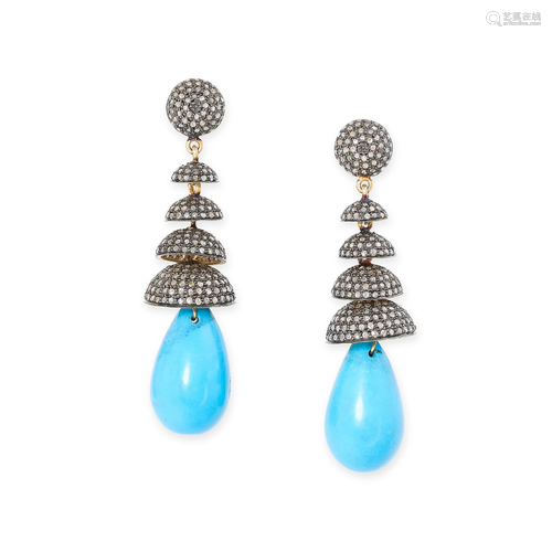 A PAIR OF TURQUOISE AND DIAMOND DROP EARRINGS each set with ...