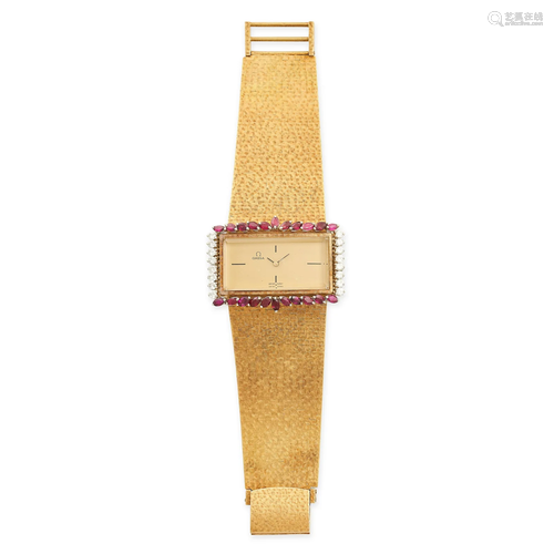 OMEGA, A VINTAGE GOLD, RUBY AND DIAMOND WRISTWATCH, CIRCA 19...