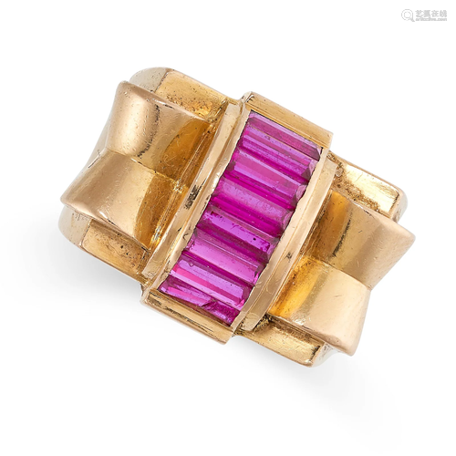 A RETRO SYNTHETIC RUBY COCKTAIL RING, CIRCA 1945 in 18ct yel...