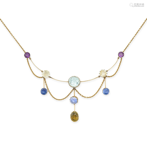 AN ANTIQUE AQUAMARINE, SAPPHIRE, AMETHYST AND ZIRCON NECKLAC...