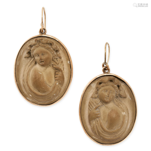 A PAIR OF ANTIQUE LAVA CAMEO EARRINGS in yellow gold, each s...