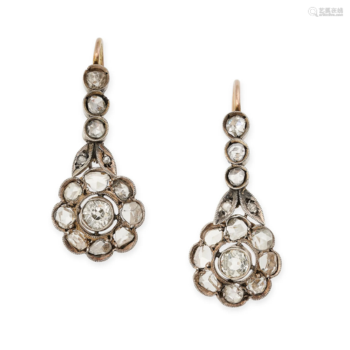 A PAIR OF ANTIQUE DIAMOND DROP EARRINGS, 19TH CENTURY in yel...