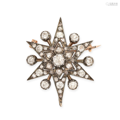 AN ANTIQUE DIAMOND STAR BROOCH / PENDANT in yellow gold and ...