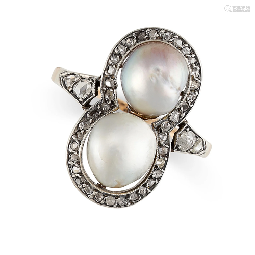 AN ANTIQUE NATURAL PEARL AND DIAMOND RING in yellow gold and...