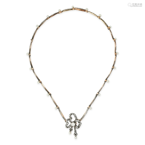 A PEARL AND DIAMOND BOW NECKLACE comprising bar links set wi...