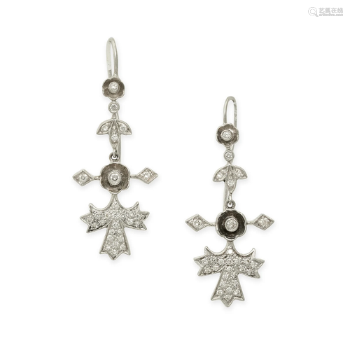 A PAIR OF DIAMOND DROP EARRINGS in foliate design, set with ...