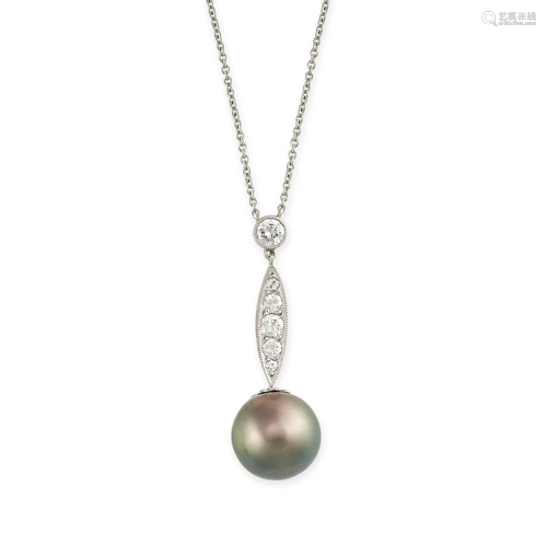 A GREY PEARL AND DIAMOND PENDANT NECKLACE in platinum, set w...