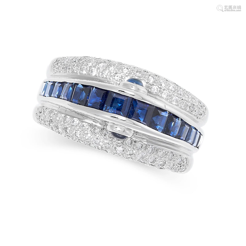 A SAPPHIRE AND DIAMOND DRESS RING designed with a central do...